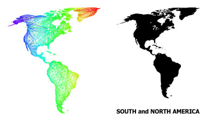 Wire frame and solid map of South and North America. Vector structure is created from map of South and North America with intersected random lines, and has spectral gradient.