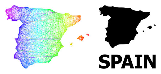 Wire frame and solid map of Spain. Vector structure is created from map of Spain with intersected random lines, and has spectral gradient. Abstract lines are combined into map of Spain.