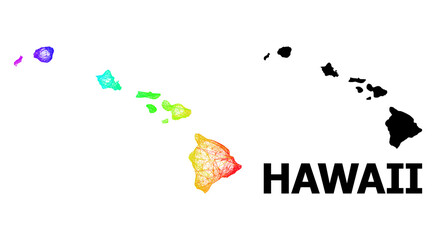 Wire frame and solid map of Hawaii State. Vector structure is created from map of Hawaii State with intersected random lines, and has rainbow gradient. Abstract lines form map of Hawaii State.