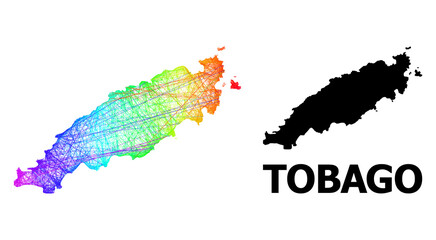 Obraz premium Net and solid map of Tobago Island. Vector model is created from map of Tobago Island with intersected random lines, and has bright spectral gradient. Abstract lines form map of Tobago Island.