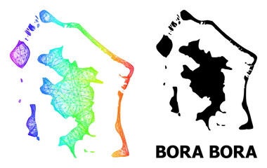 Wire frame and solid map of Bora-Bora. Vector model is created from map of Bora-Bora with intersected random lines, and has rainbow gradient. Abstract lines form map of Bora-Bora. - obrazy, fototapety, plakaty