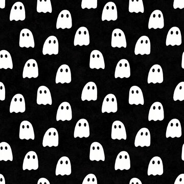 halloween themed cute simple spooky ghosts seamless repeating pattern tile in white and black