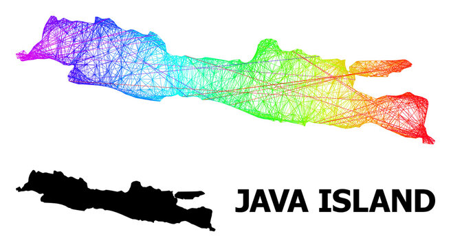 Wire frame and solid map of Java Island. Vector model is created from map of Java Island with intersected random lines, and has bright spectral gradient. Abstract lines form map of Java Island.