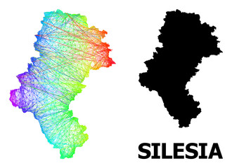 Obraz premium Wire frame and solid map of Silesia Province. Vector model is created from map of Silesia Province with intersected random lines, and has spectrum gradient.