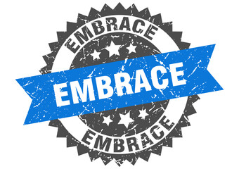 embrace stamp. grunge round sign with ribbon