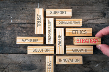 Wooden blocks with strategy, ethics and responsibility text engraved. Business and goal concept.