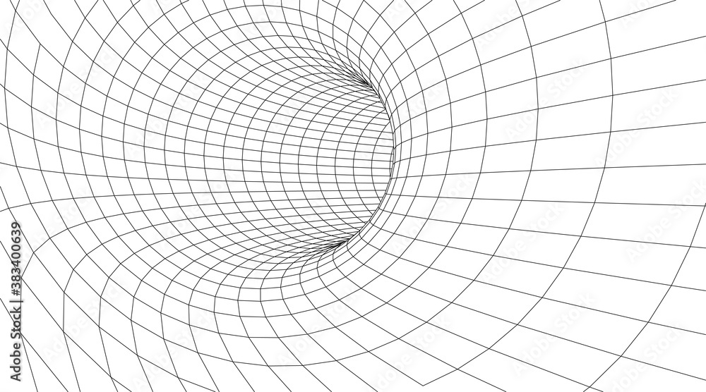Poster tunnel or wormhole. digital 3d wireframe tunnel. 3d tunnel grid. network cyber technology. surrealis