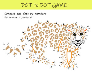 Connect the dots by numbers to reveal a cheetah in this dot-to-dot educational challenge for kids. Printable worksheet.