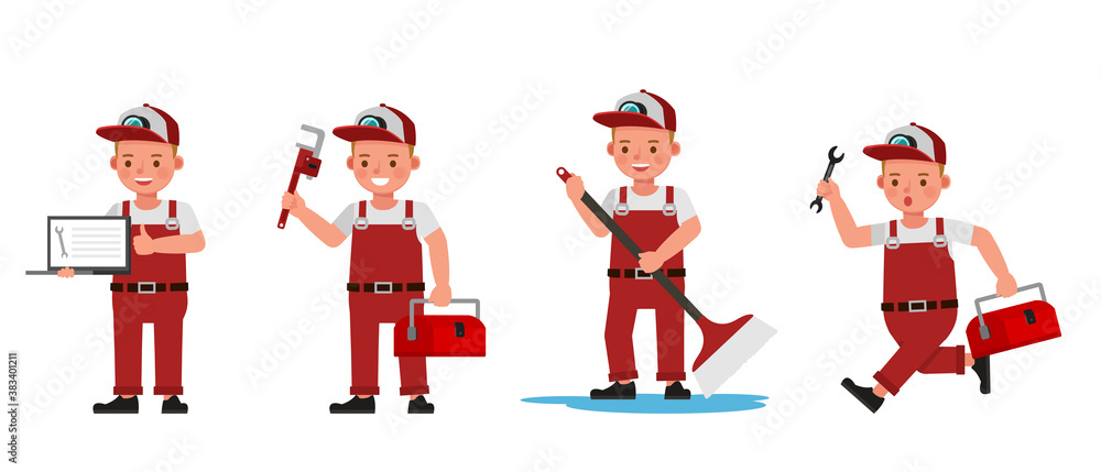 Poster plumber kid boy character vector design. presentation in various action with emotions.