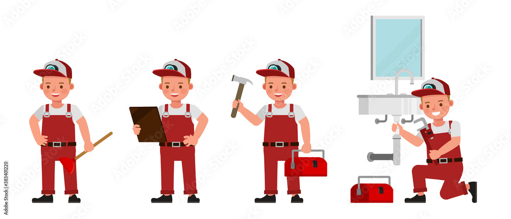 Poster plumber kid boy character vector design. presentation in various action with emotions.
