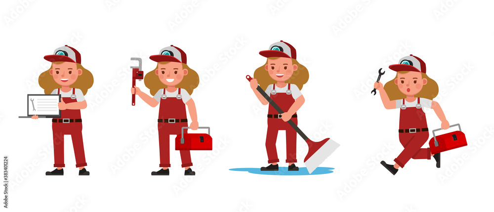 Poster plumber kid girl character vector design. presentation in various action with emotions.
