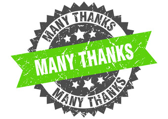 many thanks stamp. grunge round sign with ribbon