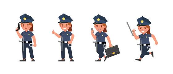 Policewoman kid working character vector design. Presentation in various action with emotions.