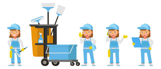 Professional janitor girl kid vector character design. Presentation in various action. 