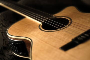 Obraz premium Guitarra reposada en la oscuridad