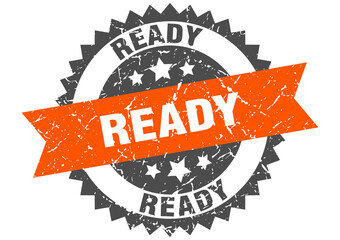 ready stamp. grunge round sign with ribbon