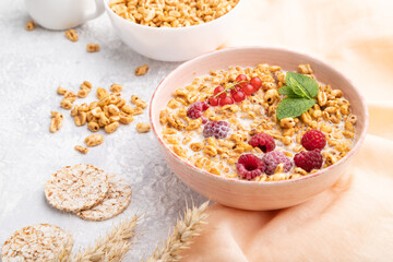 Wheat flakes porridge with milk, raspberry and currant in ceramic bowl on gray concrete background. Side view, close up.