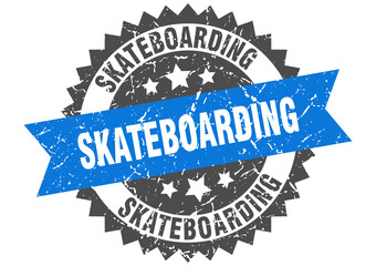 skateboarding stamp. grunge round sign with ribbon