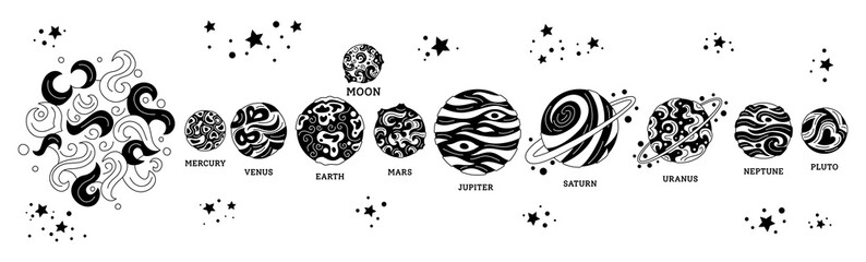 Planets row in space. Black glyph solar system. Astronomical observatory. Doodle sun moon mercury venus earth mars jupiter saturn neptun. Astronomy galaxy space. Vector black white illustration © neliakott
