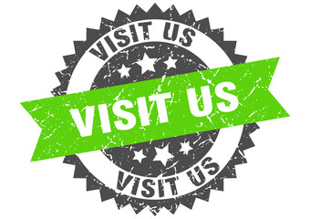 visit us stamp. grunge round sign with ribbon