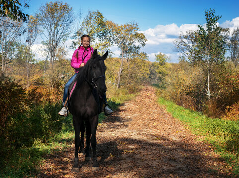 A young girl sits on a horse and rides a black horse on a Sunny day.Photos of different horses.