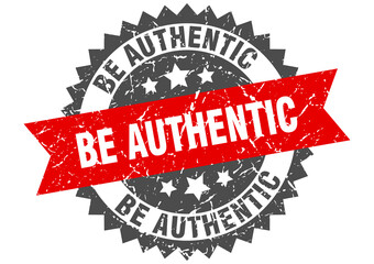be authentic stamp. grunge round sign with ribbon