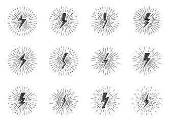 Set of black vintage lightnings sign with sunburst effect. Retro icons electrical strike with arrow, shock light rays. Voltage and power, electricity, energy and thunder. Isolated vector illustration