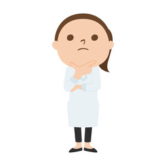 白衣を着た女性のイラスト。顎に手をあてて考え事をしてる女性。