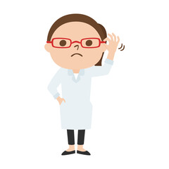 白衣を着た女性のイラスト。メガネをかけて賢そうな女性。