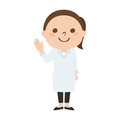 白衣を着た女性のイラスト。手で案内してる女性。