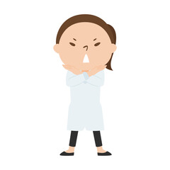 白衣を着た女性のイラスト。両手でバツ印を作ってる女性。