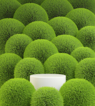 Mockup White Pedestal With Fresh Green Grass Ball Natural Abstract Background 3d Render