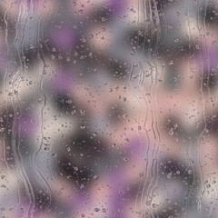 Seamless rain drop water repeat pattern on blur. High quality illustration. Realistic digital render of water droplets and drips on a blurred out pattern background. Pure water with light refraction.