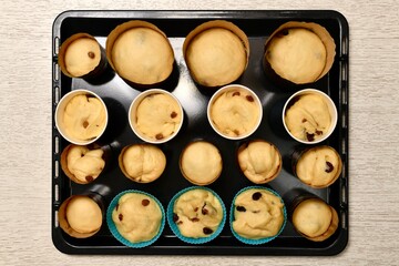 Shapes with rising yeast dough, seasoned with raisins. Cooking Easter cakes. The process fermentation in baking molds.