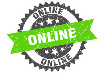 online stamp. grunge round sign with ribbon