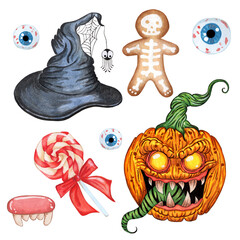Halloween set. Witch hat, demon pumpkin, evil sweets and eyes. Isolated on white background. Watercolor illustration.
