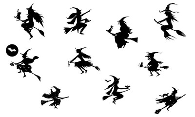 set of Halloween Witch Vector silhouettes of Illustration