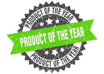 product of the year stamp. grunge round sign with ribbon