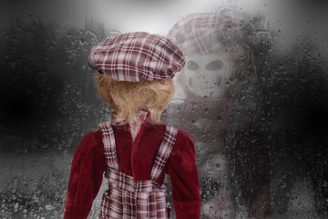 Halloween nightmare from ghost doll with reflection on glass.