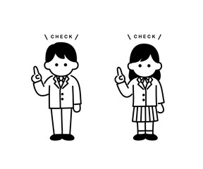 指差しをしている三頭身のシンプルな人物　学生