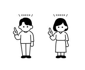 指差しをしている三頭身のシンプルな人物　私服の男女