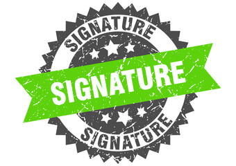 signature stamp. grunge round sign with ribbon