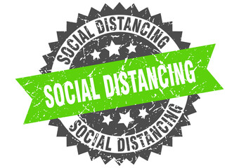 social distancing stamp. grunge round sign with ribbon