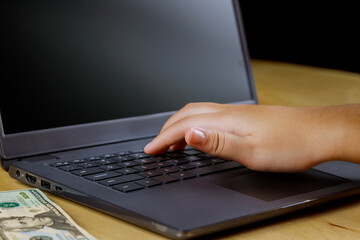 Woman hands typing laptop computer with online shopping, payment cyber monday sale business and technology