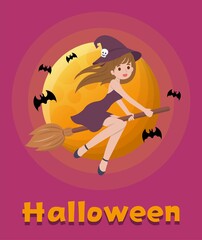 Halloween witch riding a broom in the night sky, cartoon comic vector illustration