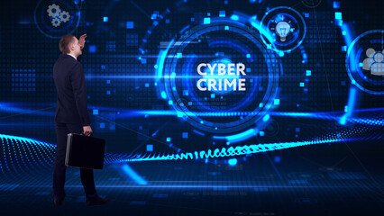 Business, technology, internet and network concept. Young businessman thinks over the steps for successful growth: Cyber crime