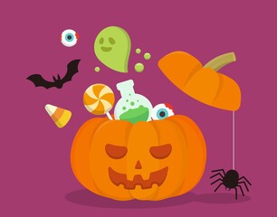 Pumpkin filled with halloween items, cartoon comic vector illustration, card