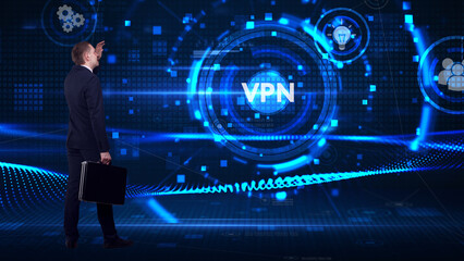 Business, technology, internet and network concept. Young businessman thinks over the steps for successful growth: VPN