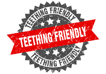 teething friendly stamp. grunge round sign with ribbon