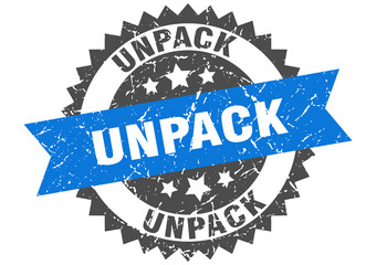 unpack stamp. grunge round sign with ribbon